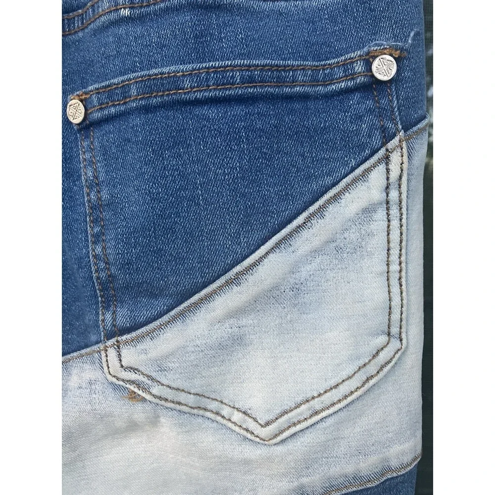 GUAPI Mens Size 28 Wavy Stacked Jeans Two Tone Patchwork Streetwear Blue - Picture 8 of 10